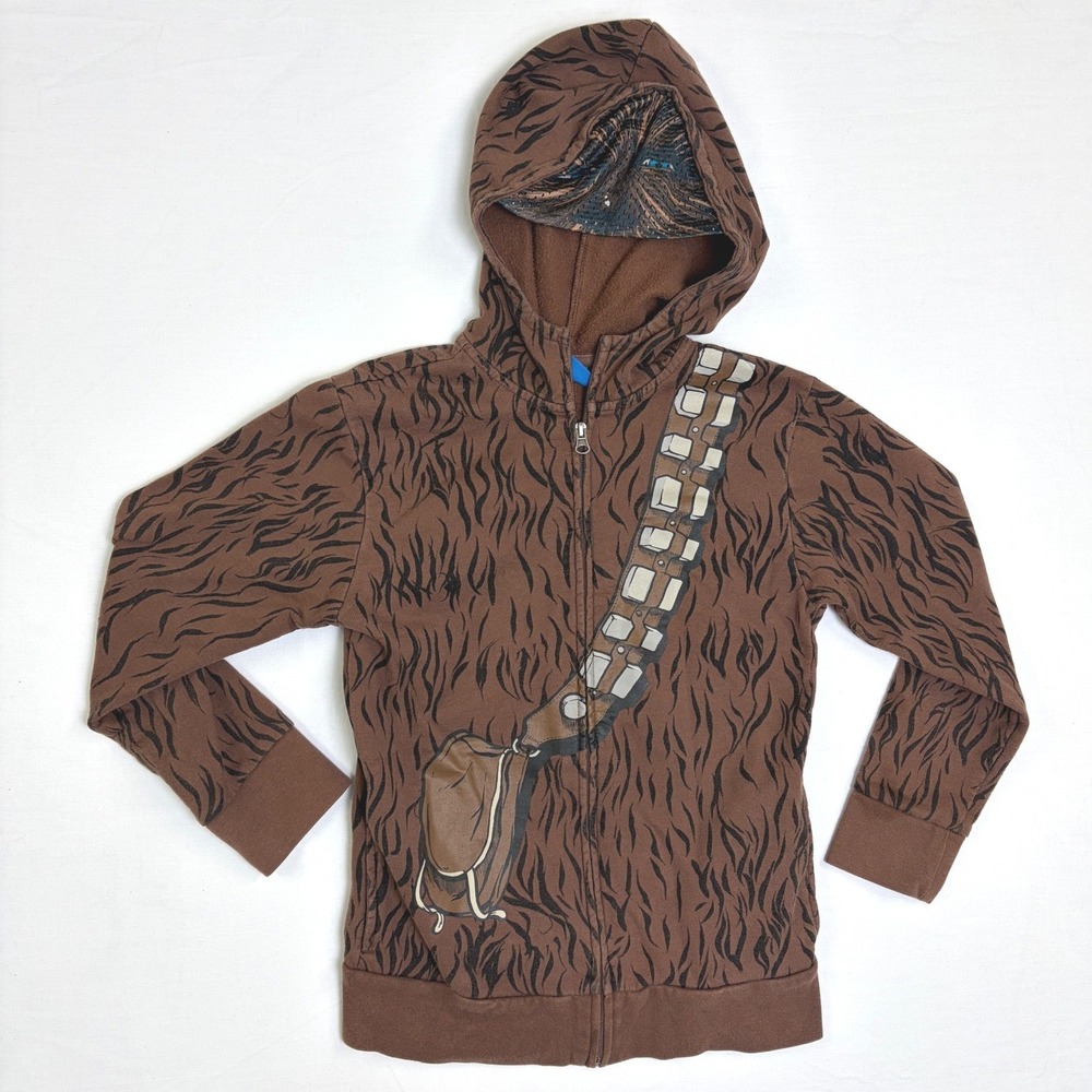 Star Wars Chewbacca Zip Up Hoodie Kids Brown Fur Print Mask Bandolier Medium 8